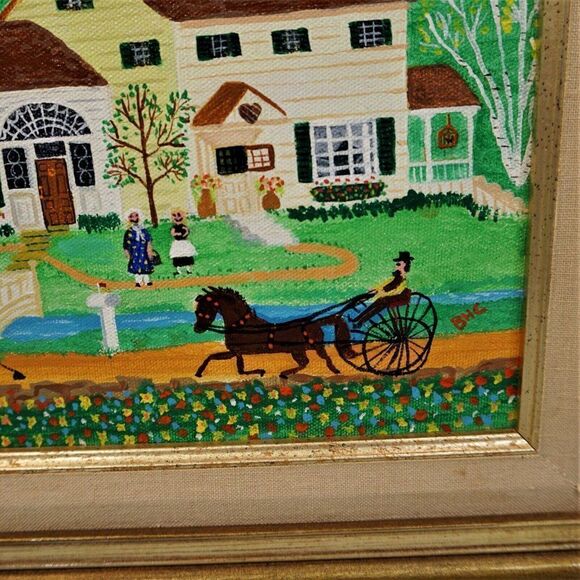 Folk Art Primitive Americana Vintage Art Naif BHC Signed Canvas Painting Naive - Picture 3 of 9